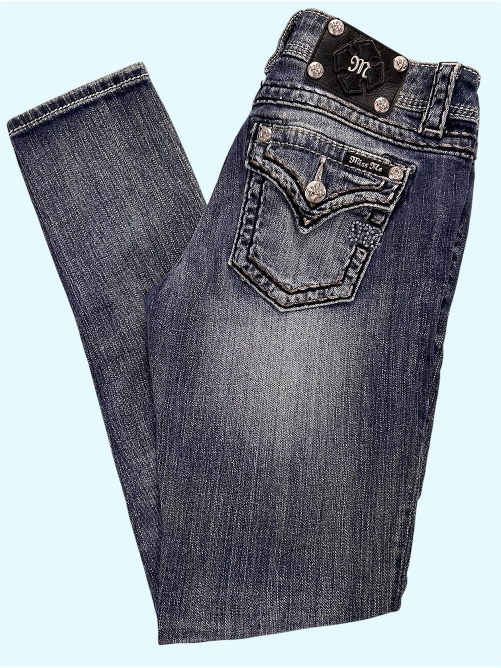 Y2K Miss Me 27x30 Signature Skinny Jeans Big Stitch Shiny Low Rise Denim Jeans